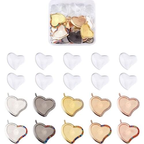 1 Box Colorful Rhinestone Alloy Heart Trays Cameo Base Cabochon Setting DIY Blank Charms Pendants Making Kits Mixed Color