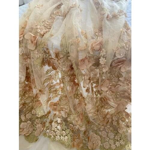 1 Yard Dark yellow lace fabric with 3D flowers for haute couture dress lace fabric with 3D flowers, bridal lace fabric