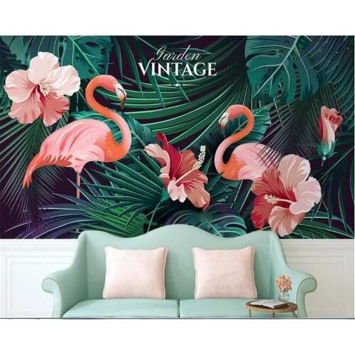 Beibehang 3d mural wallpaper Custom Nordic Hand Drawn Tropical Leaves Flamingo Sofa Background wallpaper for kids roomVinyl wall