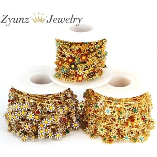 5 Meters, Charm Flower Chain Gold Plated Enamel Flower Beaded Chains for Necklace Bracelet Earrings DIY Jewelry Making
