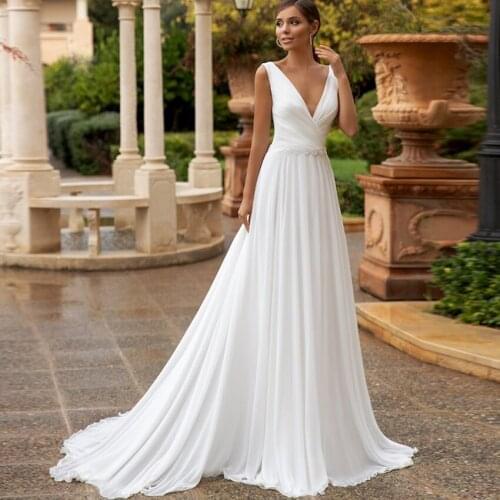 A78 Sexy V Neck Backless Chiffon Wedding Dress Pleated White Bridal Gown Custom Made Boho Robe De Marriage