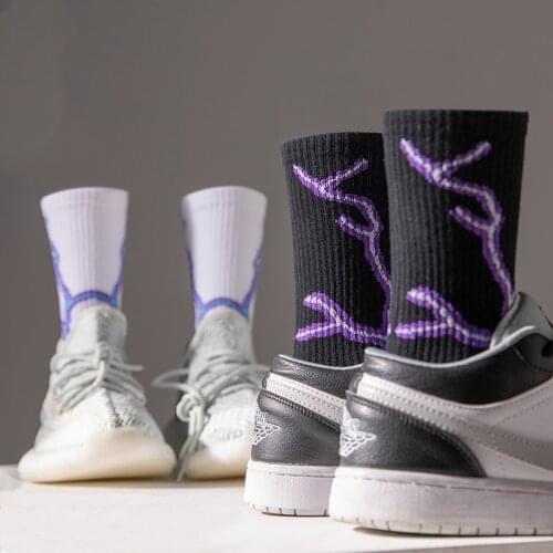 Purple Lightning Basketball Socks Mens Trend Socks Black and White Harajuku Street Sports Cotton Stockings Women Couples 36-44