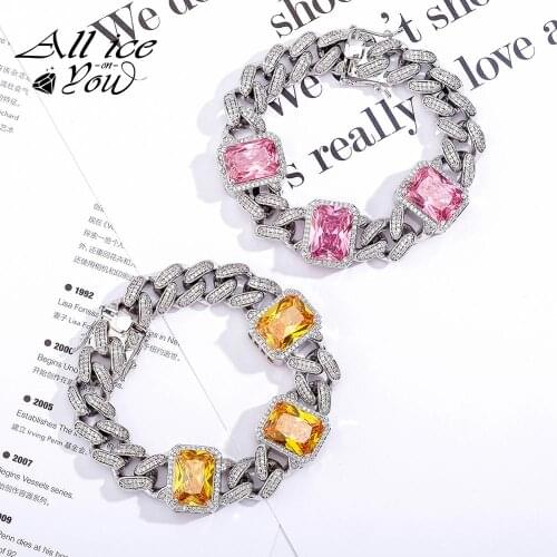 ALLICEONYOU New Large Square Iced Out Cubic Zirconia 13mm Cuban Chain Bracelet Hip Hop Fashion Jewelry For Women Gift