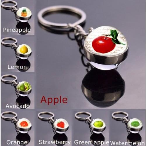 Fruit Keychain Glass Ball Key Chain Apple Pineapple Lemon Avocado Orange Strawberry Watermelon Cherry Jewelry Key Rings Key
