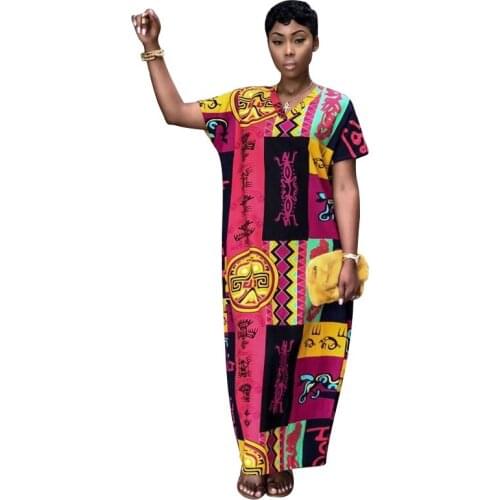 African Ethnic Print Loose Long Dress Women Ankara Dashiki Dress Short Sleeve Fashion African Clothes Robe Africaine 2021 Summer