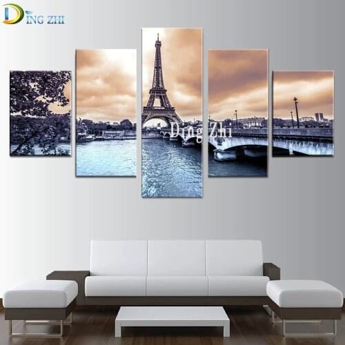 French City Landscape Diamond Painting Wall Art Iron Tower Sunset Bridge Diamond Mosaic 5-Piece Set Of Rhinestones Embroidery