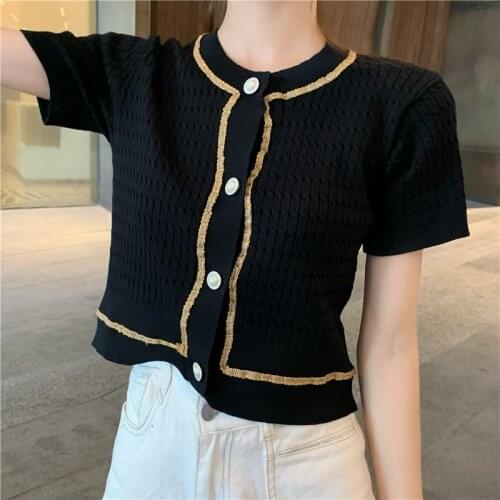 Summer Women Patched O-Neck Knitted Short Sleeve Elegant Sweaters Cardigans Shirts Lady Thin Cardigan Crop Tops for Female