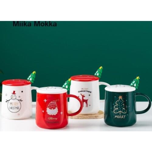 Creative Cute Cartoon Snowman Santa Deer Christmas Ceramic Mug with Lid & Spoon Set Personality Milk Cup Lovers Coffee Mug