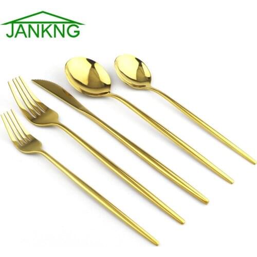 5Pcs Gold Cutlery Set Mirror Tableware Set Knife Fork Spoon Dinner Set Kitchen Silverware 18/10 Stainless Steel Dinnerware Set