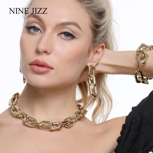 NINEJIZZ Hip Hop Choker Exaggerated Cuban Big Chunky Chain Necklace Bracelet Earring Set Steampunk Choker for Women Jewelry Set