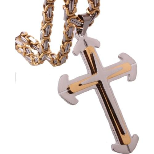 New Arrive Hot Sell Mens Jewelry Silver Black Stainless Steel Three Layers Cross Pendant with Byzantine Necklace 22"24"28"