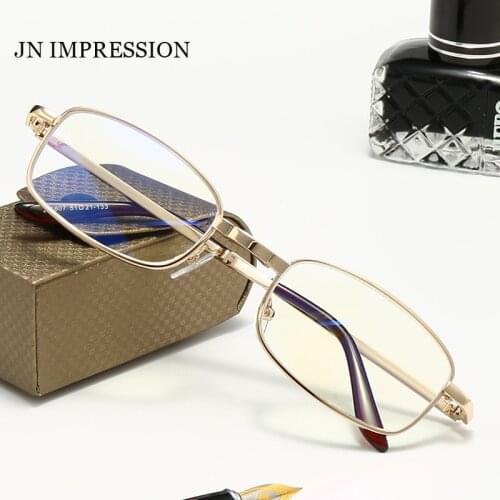 Mens folding reading glasses half frame Alloy prescription eyeglasses Gold Anti fatigue coating Portable comfortable glasses