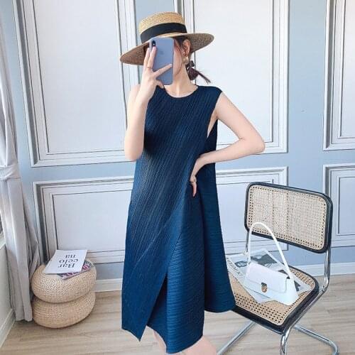 Tank Dress For Womens Weight 45-75kg 2021 Spring Summer Elastic Miyake Pleated Clothing Round Neck Sleeveless Irregular Dresses