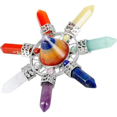 Silver Plated Colorful Rainbow Stone Pyramid Healing Reiki Chakra Pendant with 7 Colors Hexagon Column Jewelry