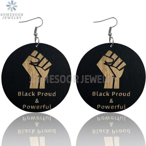 SOMESOOR Black Proud Fist Engraving Wooden Drop Earrings 6cm Flat Round Powerful Sayings Loops Dangle Jewelry For Women Gifts