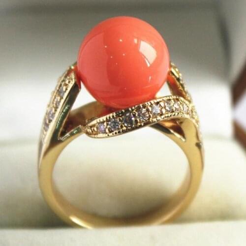 Ladys elegant new jewelry 18KGP with crystal decorated &12mm salmon pink shell pearl ring(#7.8.9)