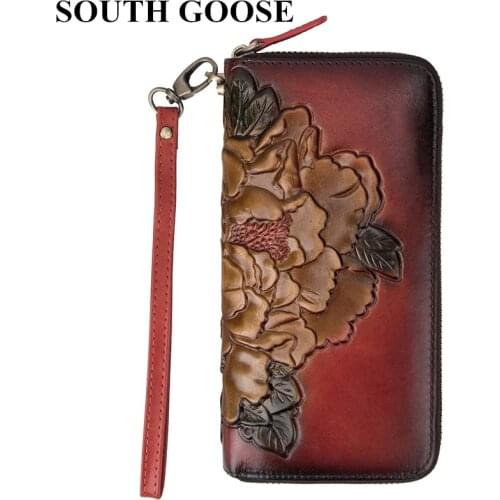 SOUTH GOOSE Top Quality Cow Leather Women Wallets Luxury Long Clutch Purse Flower Embossing Female Card Phone Holder Money Bag