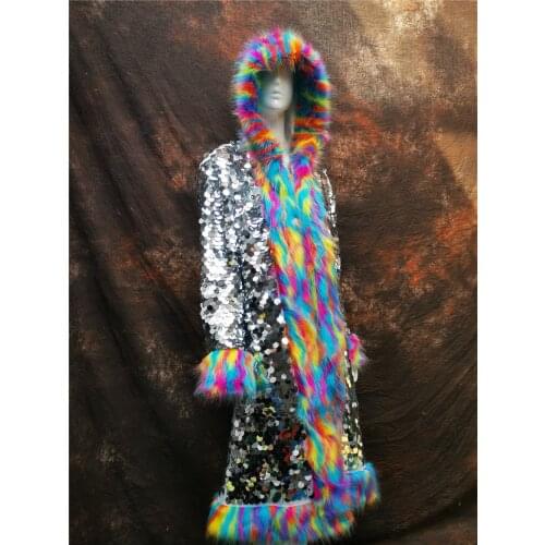 2020 new Fashion cute women Colorful Faux fox fur rainbow Sequined hood Nightclub long coat jacket Stage party costumes
