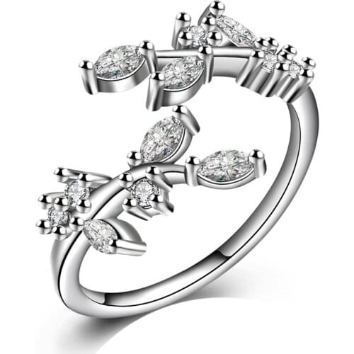 Zircon Leaves Open Ring Silver plated color Rings For Women Jewelry Anel Anillos Aneis Bague Jewellery Anelli Anillo Best Gift