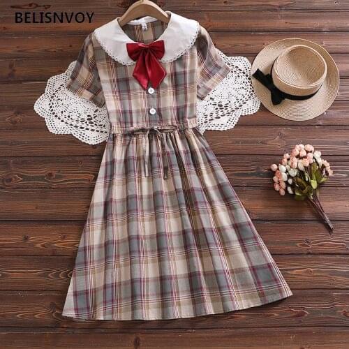 Women Peter Pan Collar With Bowknot Dress Retro Plaid Harajuku Kawaii Girls Preppy Style Sundress Summer Ulzzang Midi Dress