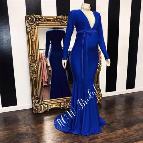 Elegant Royal Blue Long Sleeve Pregnant Woman Evening Dress Floor Length V Neck Mermaid New Prom Gown Vestido De Festa Customize