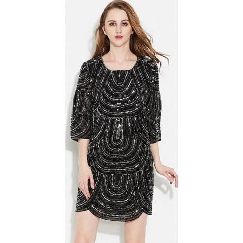 Vintage 1920s Gatsby Charleston Dress Women Vestido Shiny 3/4 Sleeve Scalloped Hem Sequin Beading Straight Party Chiffon Dress