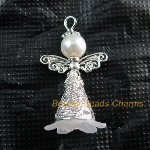 New 10Pcs White Acrylic Angel Wings Tibetan Silver Color Charms Pendants 22x37mm