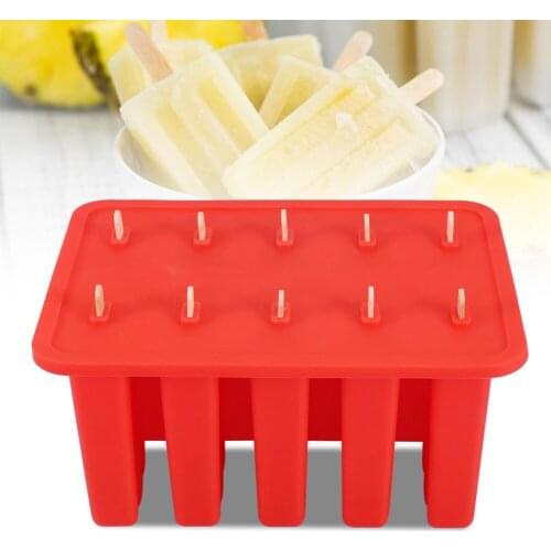 10 Cells Silica Gel Frozen Homemade Food Grade Silicone Ice Cream Mold Popsicle Maker with 50 Sticks Fashion DIY Kitchen Tools