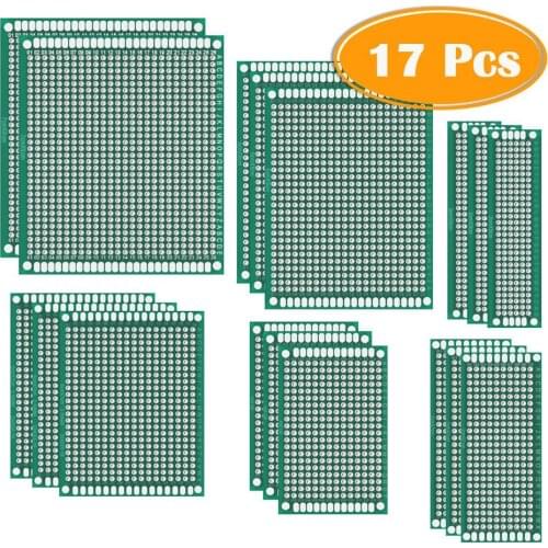 17 Pcs Double Sided PCB Board Prototype Kit, 6 Sizes 2x8/ 3x7/ 4x6/ 5x7/ 6x8/ 7x9 CM Universal Printed Circuit Board