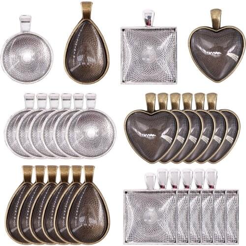 48Pcs Pendant Trays 4 Styles Kit Heart Square Teardrop Glass Cabochon Dome Tiles Cameo Base for Crafting DIY Jewelry Gift Making