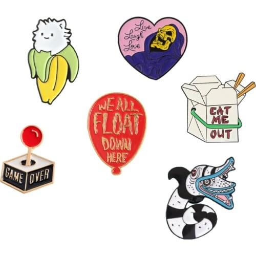Brooch and Pin Beelejuice Cat Death Heart Balloon Game Turntable Console Gamepad Food box Enamel Pin Badge Brooch Collection