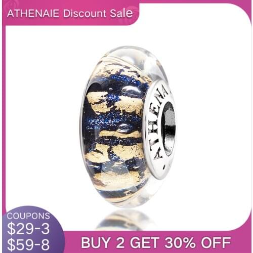ATHENAIE Genuine Murano Glass Beads 925 Silver Core Dark Blue Sand with Gold Foil Charm Bead Fit All European Bracelets Necklace