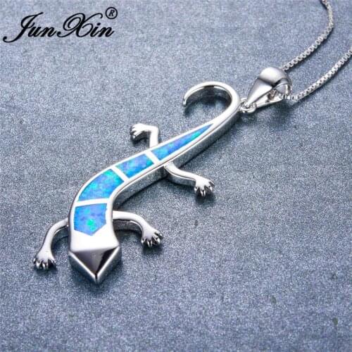 JUNXIN Silver Color Animal Choker Blue/White/Orange Fire Opal Cute Lizard Pendant Necklaces For Women Men Gifts