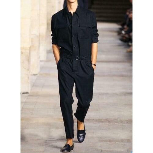 Men Jumpsuit Work Trousers Long Sleeve Pants Lapel Overalls 2 Pocket Black Plus Size S-6XL Oversize