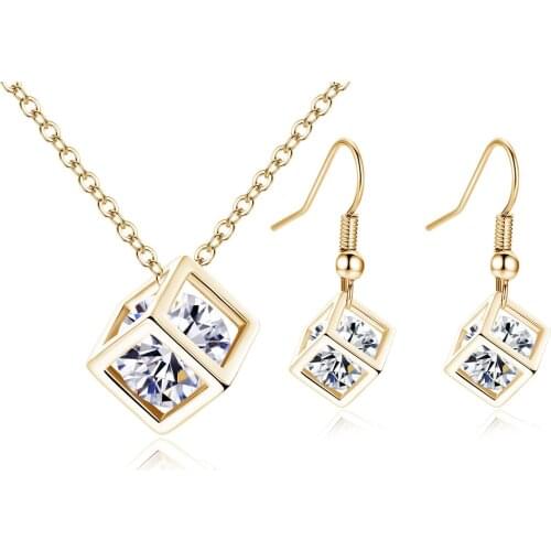 Simple Rubiks Copper-encrusted Zircon Block Ear Hook Necklace Set Water Cube Zircon Set Korean Feng Ladies Jewelry Set