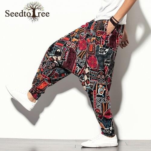 Mens Casual Pants Linen Printed Loose Large Size Hip Hop Wide Leg Pants Thailand Pants Bloomers Travel Beach Pants Crotch Pants