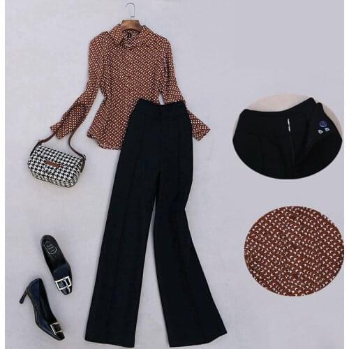 Fashion Office Lady Prints Long Sleeve Shirt Top and High Waist Wide Leg Full Length Suit Pants One Set