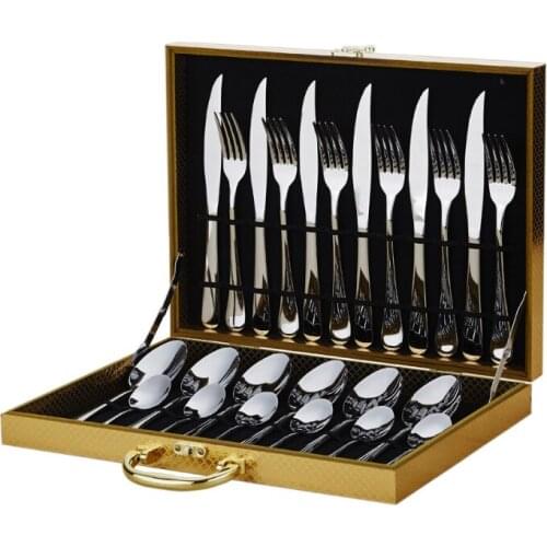 24 Pcs Tableware Cutlery Set Silverware Stainless Steel Mirror Polishing Sets Spoon Flatware Dinnerware Wood Gift Box