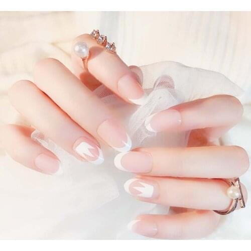 24 Pcs/Set Full Cover False Nails Girls Candy Pink White Wedding False Nails Ladies Simple French Short Nail Art Tips With Glue