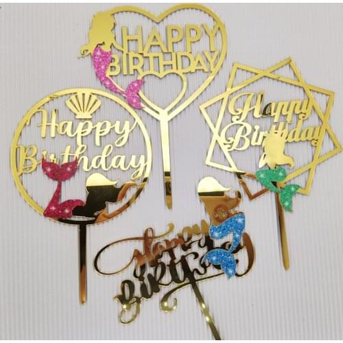 New Mermaid Happy Birthday Cake Topper Acrylic Colored Mermaid Cupcake Topper for Kids Birthday Mermaid Party Cake Decorations