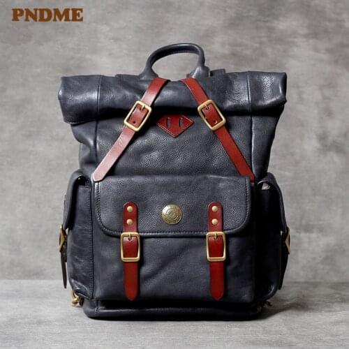 PNDME high quality genuine leather mens womens backpack designer luxury soft cowhide bagpack fashion vintage teens bookbag