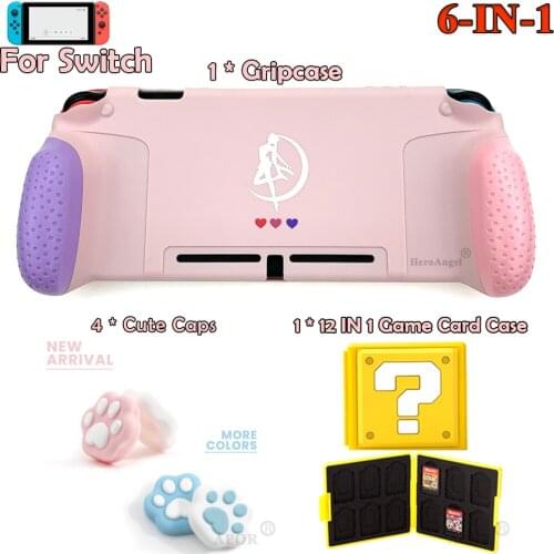 Portable Protective Cover with Replaceable JoyCon GripCase Cute Cat Paw Joystick Caps and Game Card Case For Nintendos Switch