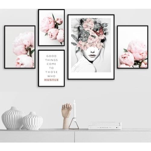 Pink Rose Fashion Girl Peony Flower Plant Wall Art Canvas Painting Nordic Posters And Prints Wall Pictures For Living Room Decor