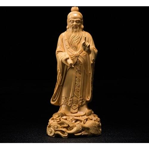Boxwood 18CM Laozi Sculpture Taoism Saint Wood Statue Feng Shui Lao Tzu Historical Figure Home Decor