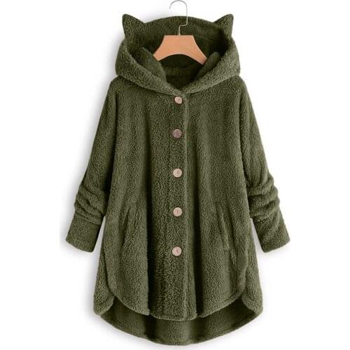 Cat Sweatshirts Solid Tops Hooded Pullover Loose Solid Color Plush Wool Hoodies Warm Women Button Thick Windbreaker Outerwear