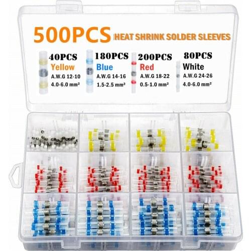 500/100Pcs Heat Shrink Connect Terminals Waterproof Solder Sleeve Tube Electrical Wire Insulated Butt Connectors Assortment Kit