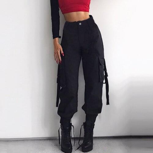 Women Cargo Pants Harajuku Pockets Ankle Trousers High Waist Hip-hop Punk Black Harem Pants Streetwear Casual harem overalls