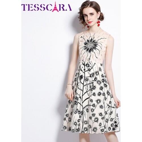 TESSCARA Women Summer Elegant Tank Dress Festa High Quality Office Party Robe Femme Runway Vinatge Designer Sleeveless Vestidos