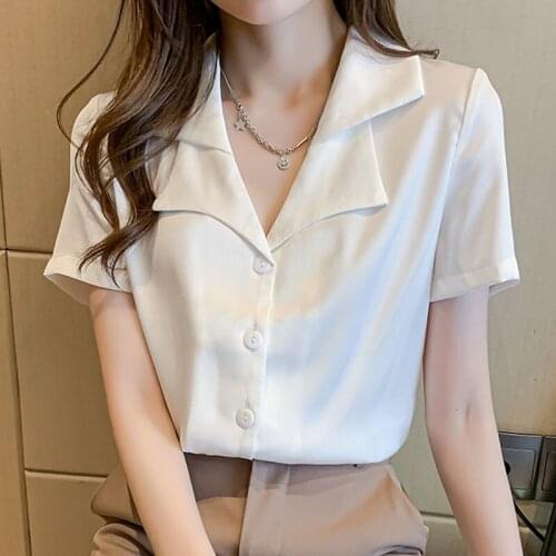 2021 Summer Chiffon Top Short-sleeved Shirts Button V-Neck Solid Dropshipping Blusas Mujer De Moda White Blouse for Women 0158