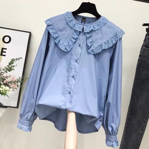 2021 New White Blouse Shirt Women Autumn Spring Long Sleeve Ruffle Shirt Female Blouses Casual Doll Collar Tops Plus Size